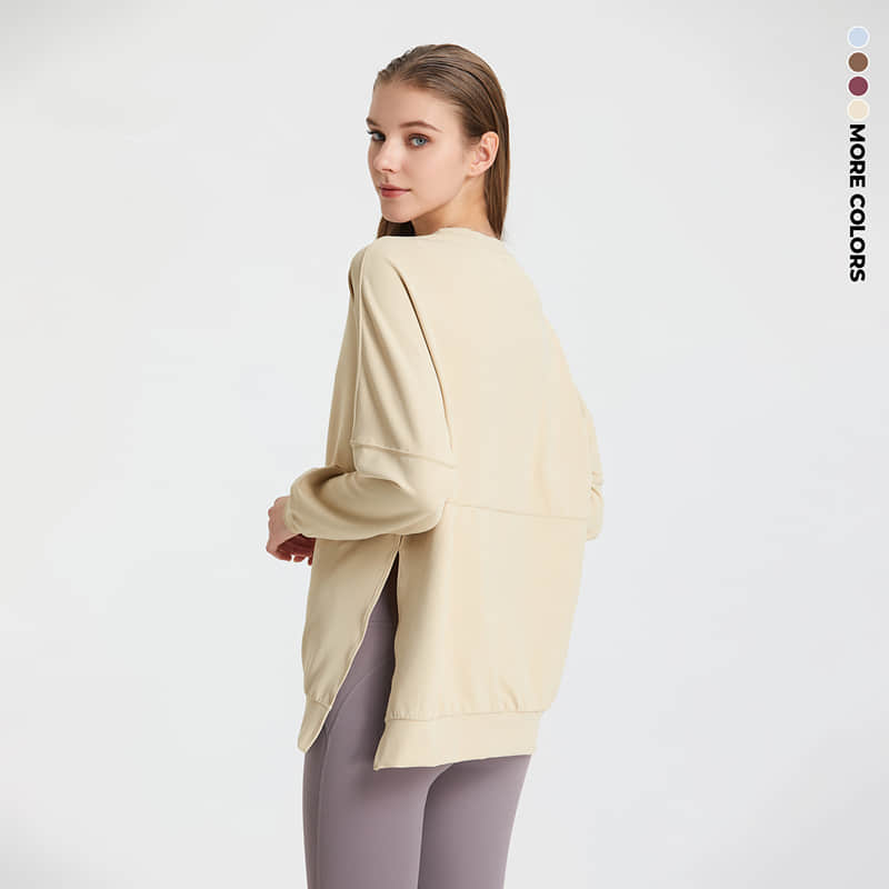 Autumn Winter Loose Waffle Side Fork Sports Top Women's Casual Running Fitness Long Sleeve Yoga