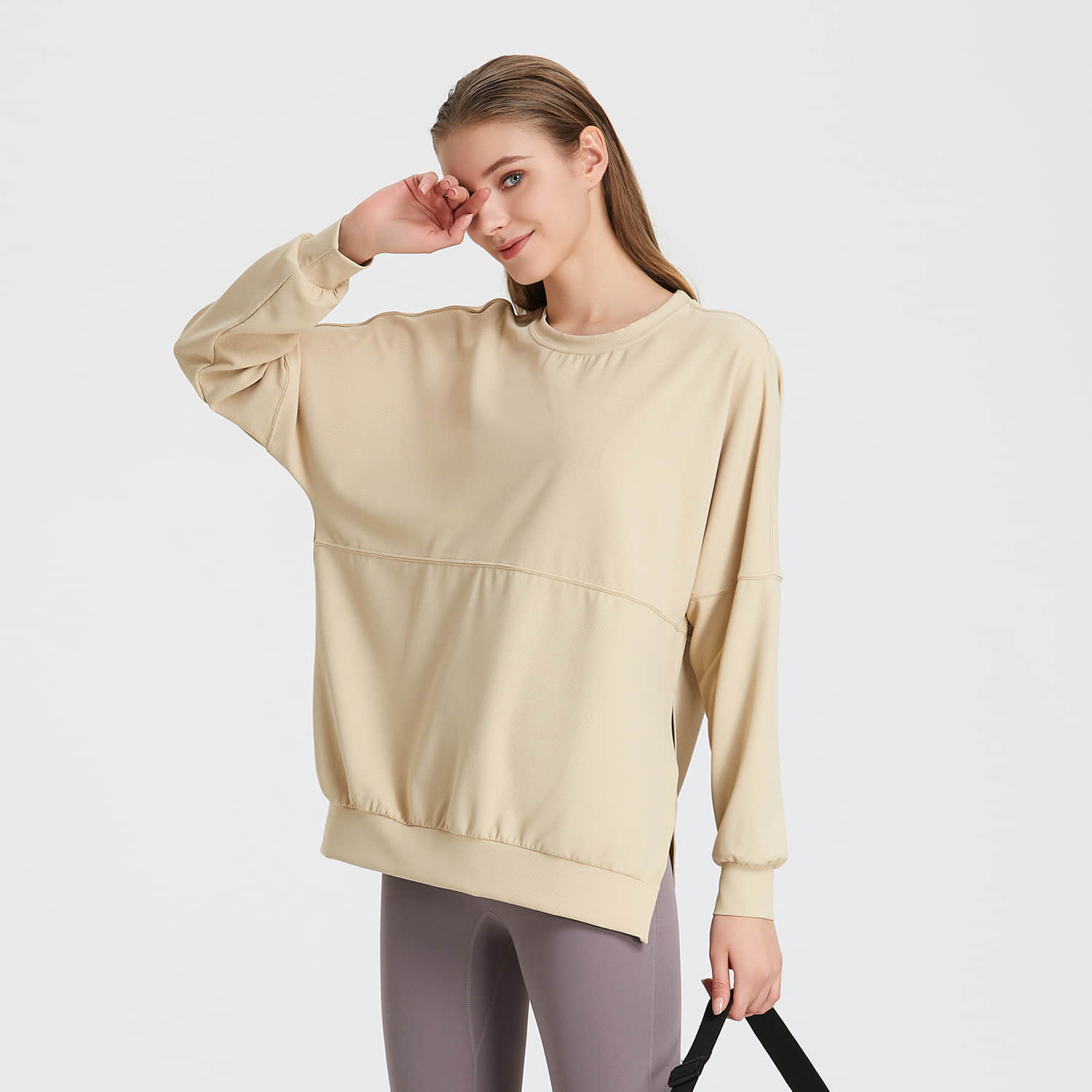 Autumn Winter Loose Waffle Side Fork Sports Top Women's Casual Running Fitness Long Sleeve Yoga