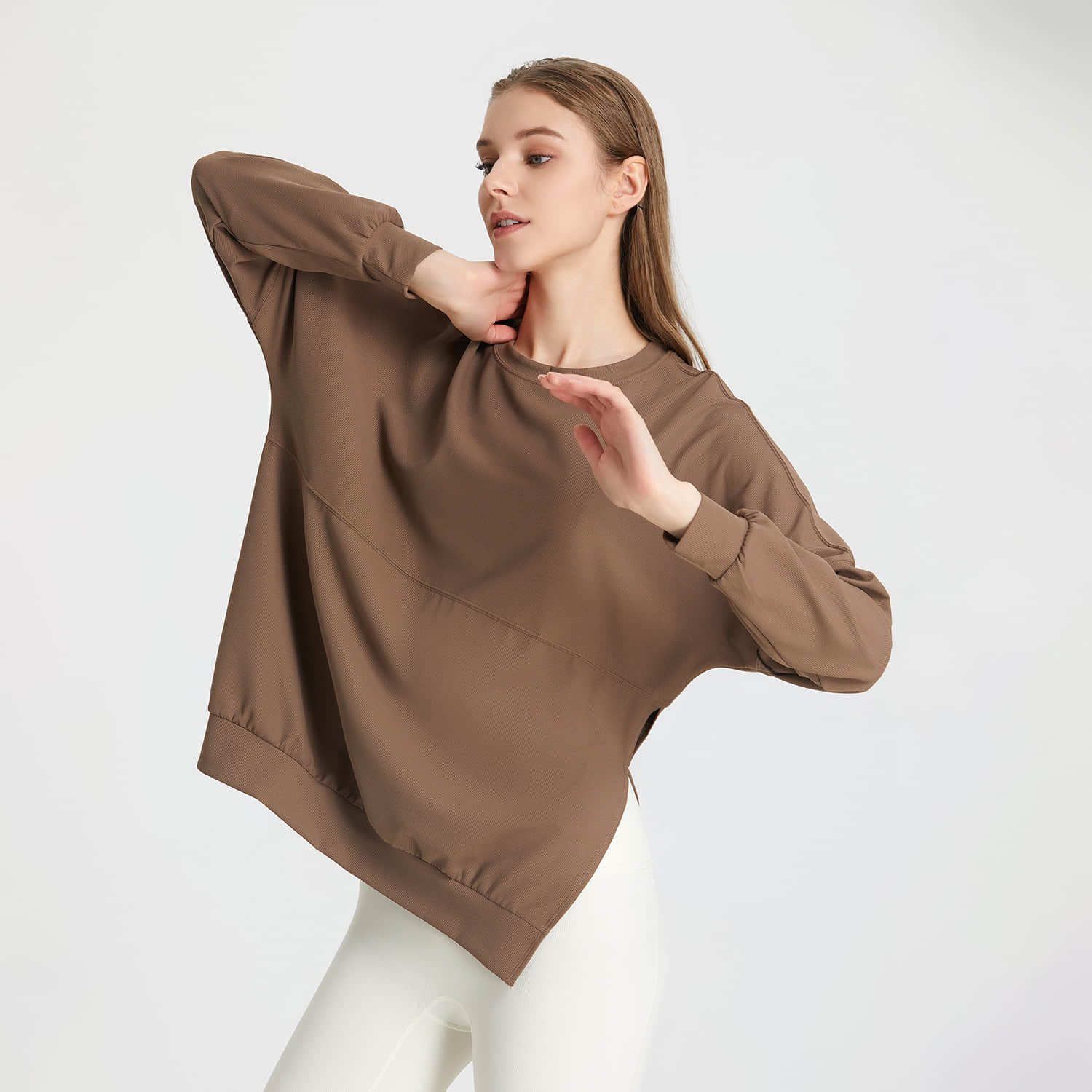 Autumn Winter Loose Waffle Side Fork Sports Top Women's Casual Running Fitness Long Sleeve Yoga