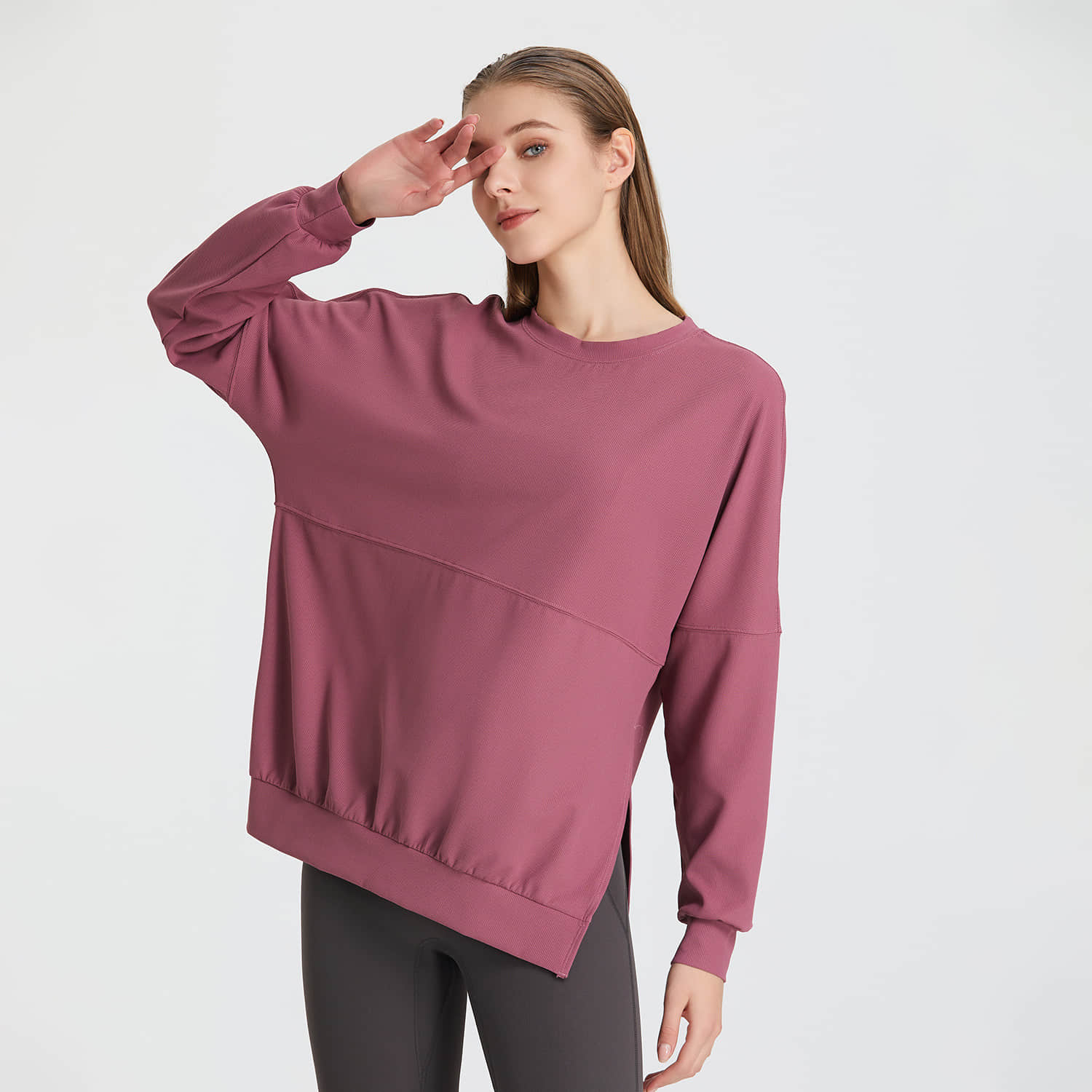 Autumn Winter Loose Waffle Side Fork Sports Top Women's Casual Running Fitness Long Sleeve Yoga