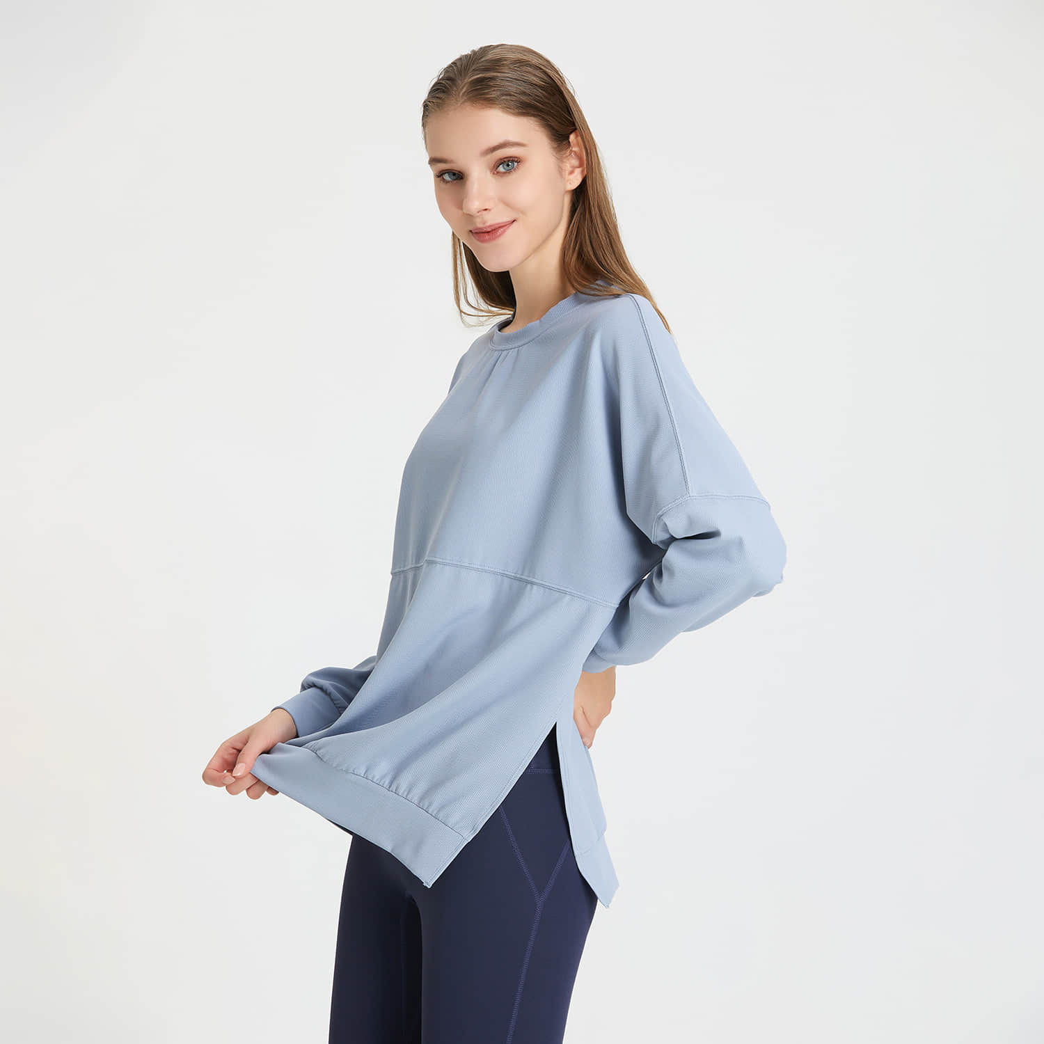 Autumn Winter Loose Waffle Side Fork Sports Top Women's Casual Running Fitness Long Sleeve Yoga